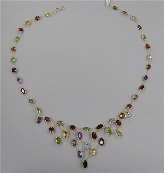 A modern 14ct gold and multi gem set drop fringe necklace, 39cm.